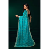 Women's Net Sequence Saree With Unstitched Blouse 5.5Mtr (Turquoise)