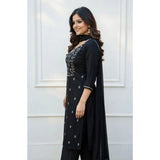 Women's Georgette Ethnic Motif Round 3/4th Sleeve Kurti With Pant Dupatta Set (Black)