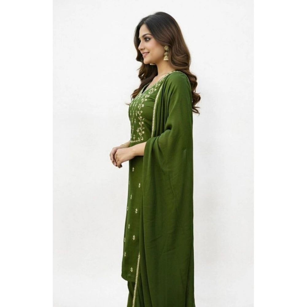 Georgette ethnic motif women's kurti & pant dupatta set, Mahendi color with calf-length round 3/4 sleeves