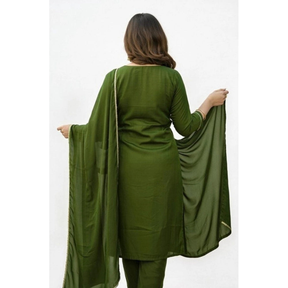 Women's Mahendi Georgette ethnic motif round 3/4th sleeve kurti with pant dupatta set, traditional Indian attire with calf-length pants and round neckline