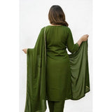 Women's Mahendi Georgette ethnic motif round 3/4th sleeve kurti with pant dupatta set, traditional Indian attire with calf-length pants and round neckline