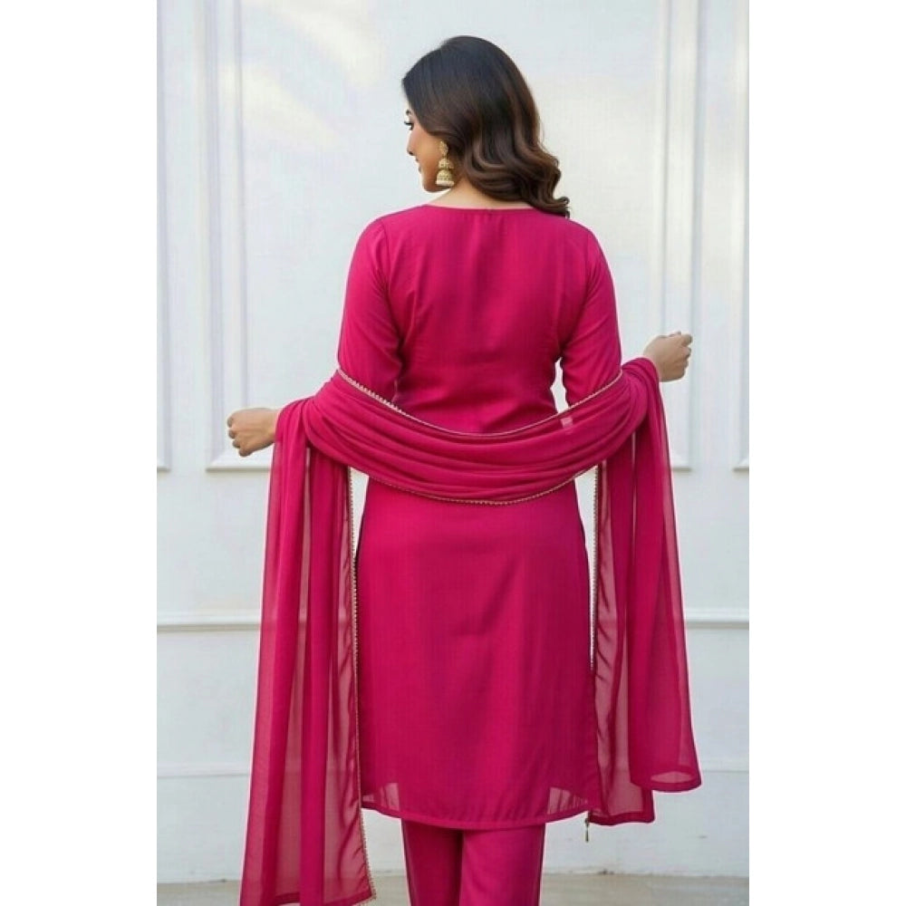 Pink Georgette Ethnic Motif Kurti & Pant Dupatta Set, calf-length with round neck & 3/4 sleeves