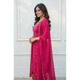 Pink Georgette Ethnic Motif Kurti & Pant Set with Dupatta, calf-length, round neck, 3/4 sleeves