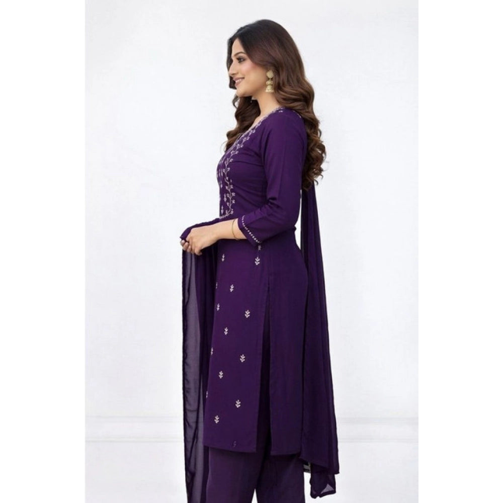 Purple Georgette ethnic motif 3/4 sleeve kurti & pant dupatta set, traditional Indian wear for women
