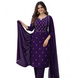 Purple Georgette ethnic motif kurti set with calf-length pant dupatta, round neck, 3/4 sleeves