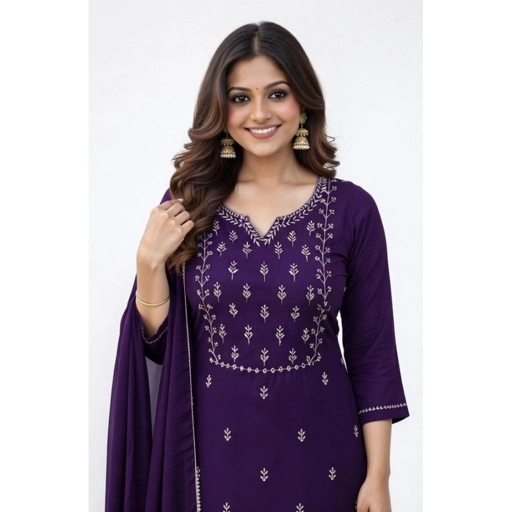 Purple Georgette ethnic motif kurti set with calf-length pant dupatta, round neck, and 3/4 sleeves