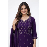 Purple Georgette ethnic motif kurti set with calf-length pant dupatta, round neck, and 3/4 sleeves