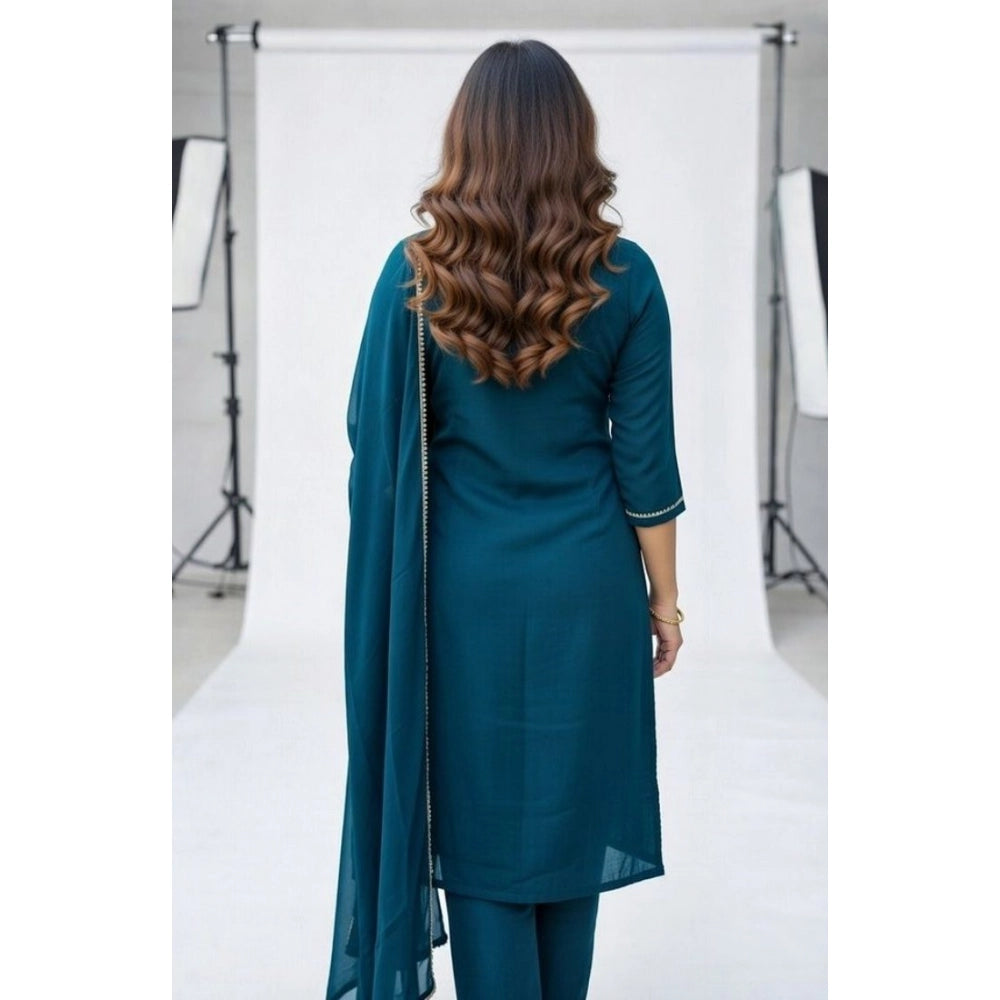 Teal Georgette ethnic motif kurti & pant dupatta set, round 3/4 sleeves with intricate patterns