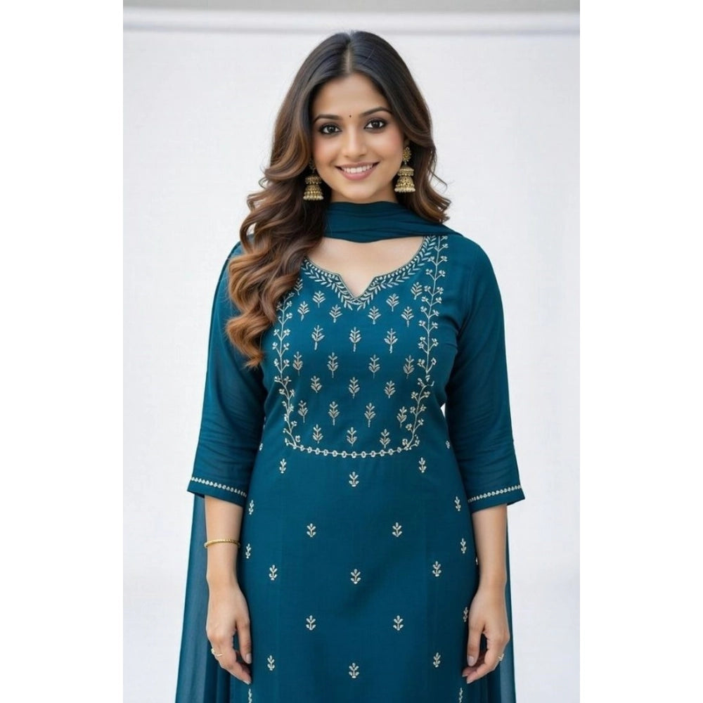 Teal Georgette ethnic motif kurti set with pant dupatta, traditional Indian attire for women