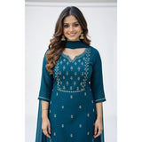 Teal Georgette ethnic motif kurti set with pant dupatta, traditional Indian attire for women