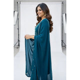 Teal Georgette ethnic motif kurti set with pant dupatta, intricate design on calf-length round-neck 3/4 sleeve blouse