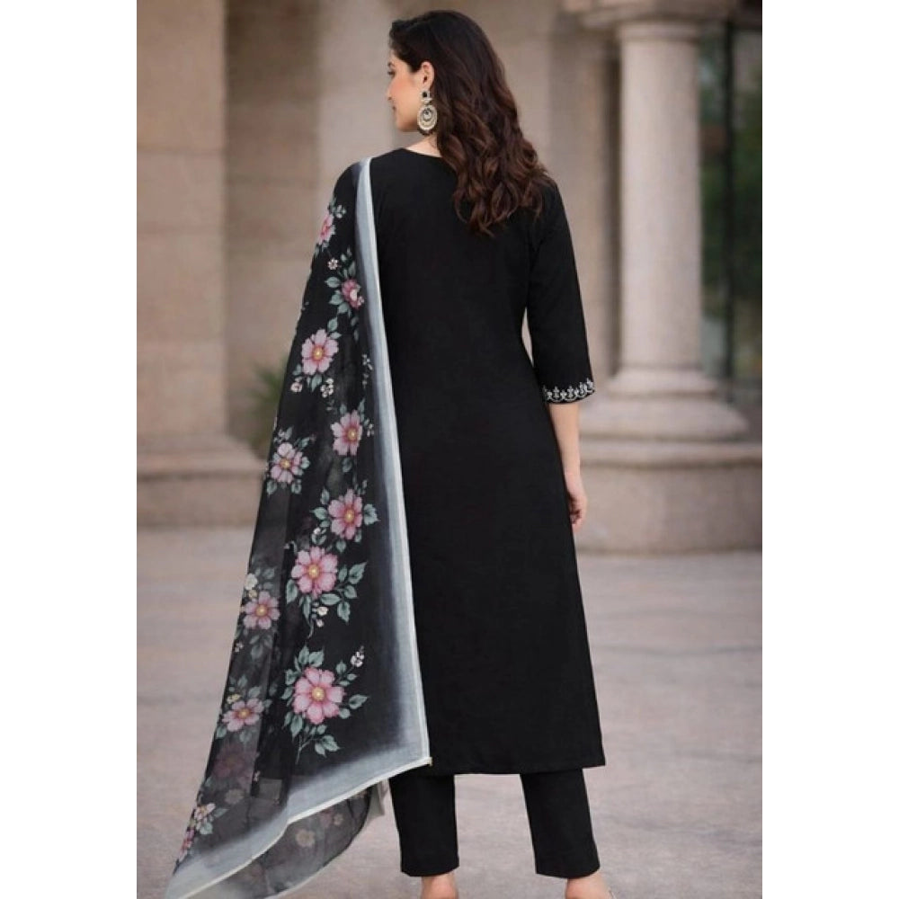 Black Chanderi Silk ethnic motif V-neck kurti set with calf length pant dupatta, intricate design detailing