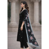 Black Chanderi Silk ethnic motif V-neck kurti & pant dupatta set, traditional Indian attire for women