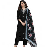 Black Chanderi Silk ethnic motif kurti set with calf-length pant dupatta, V-neck & 3/4 sleeves