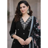 Black Chanderi Silk ethnic motif kurti set with pant dupatta, V-neck 3/4 sleeve style