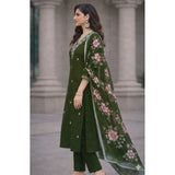 Chanderi silk ethnic motif V-neck 3/4th sleeve kurti set with pant dupatta, mahendi color, calf length