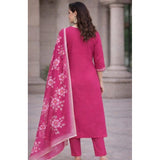 Pink Chanderi Silk Ethnic Motif Kurti & Pant Dupatta Set - Women's traditional V-neck 3/4 sleeve outfit