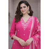 Pink Chanderi Silk ethnic motif kurti set with calf length pant dupatta, V-neck & 3/4 sleeves