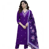 Purple Chanderi Silk ethnic motif kurti set with calf length pant dupatta, V-neck 3/4th sleeve design