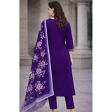Purple Chanderi Silk ethnic motif kurti & pant dupatta set, V-neck 3/4th sleeve with calf length, intricate silk design on display