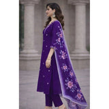 Purple Chanderi Silk ethnic motif kurti & pant dupatta set, vibrant V-neck 3/4 sleeves with traditional Indian patterns