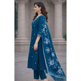 Teal Chanderi Silk ethnic motif kurti set with pant dupatta, vibrant patterns on calf-length V-neck 3/4 sleeve style