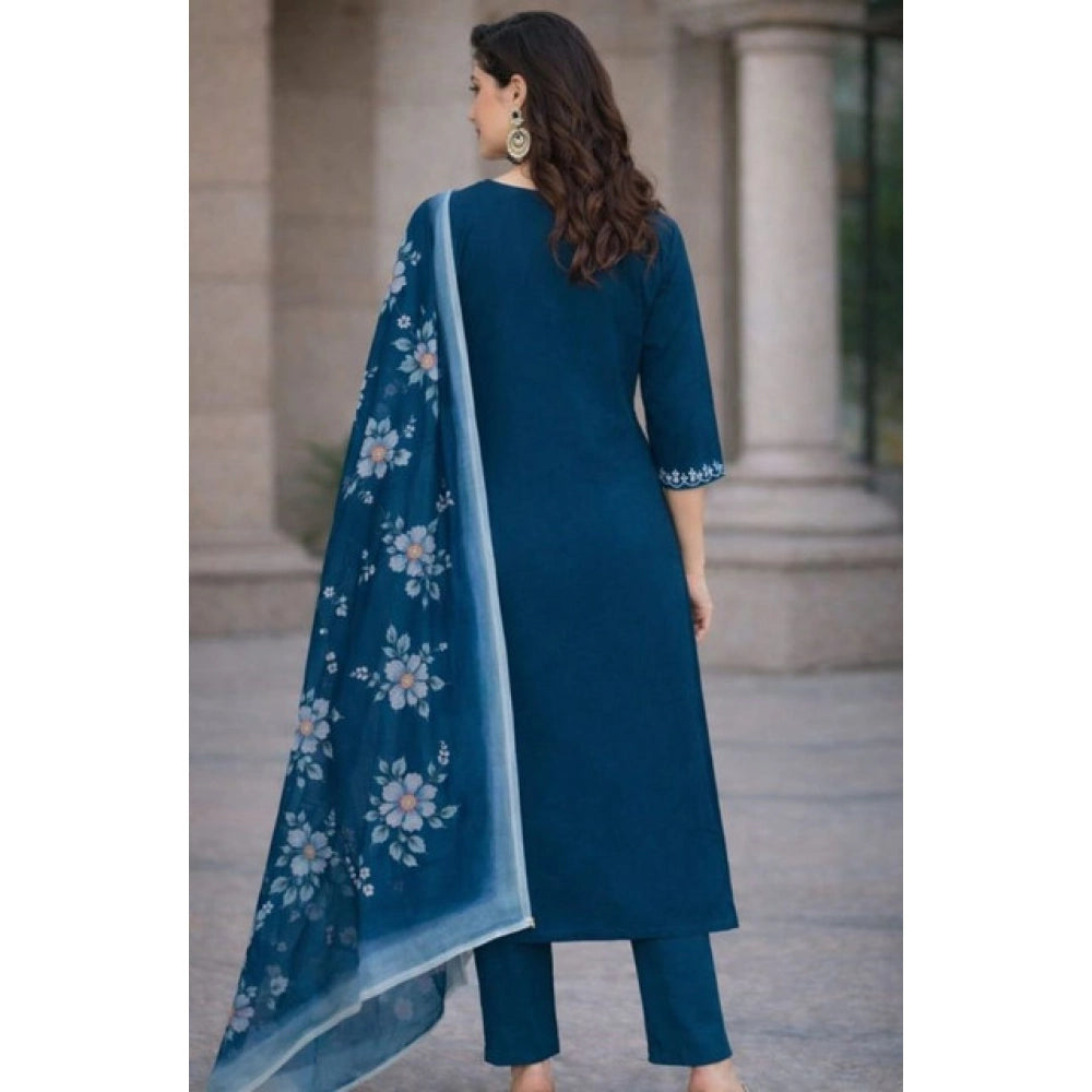 Teal Chanderi Silk ethnic motif V-neck kurti set with calf length pant dupatta, intricate design detailing