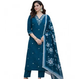 Teal Chanderi Silk ethnic motif kurti & pant dupatta set, calf-length V-neck 3/4 sleeves