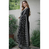 Black Chanderi Silk ethnic motif kurti & pant dupatta set, intricate patterns on calf-length round neck 3/4 sleeves