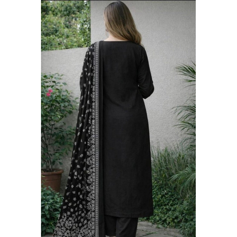 Black Chanderi Silk Ethnic Motif Kurti & Pant Dupatta Set with calf-length round 3/4th sleeves, ethnic pattern design