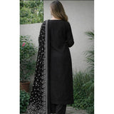 Black Chanderi Silk Ethnic Motif Kurti & Pant Dupatta Set with calf-length round 3/4th sleeves, ethnic pattern design