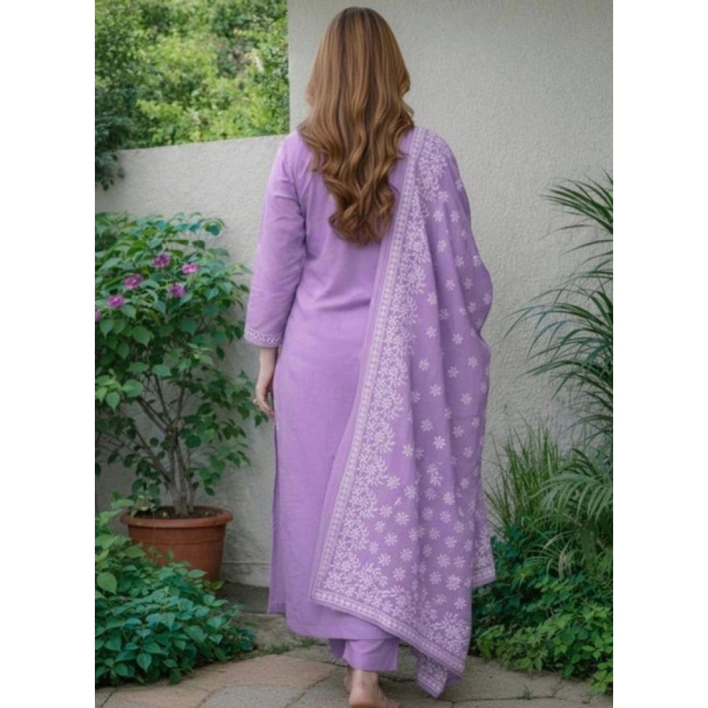 Lavender Chanderi Silk Kurti & Pant Dupatta Set with ethnic motif, 3/4 sleeves and calf length
