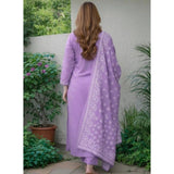 Lavender Chanderi Silk Kurti & Pant Dupatta Set with ethnic motif, 3/4 sleeves and calf length
