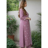 Women's Chanderi Silk Ethnic Motif Round 3/4th Sleeve Kurti With Pant Dupatta Set (Peach)