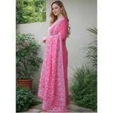 Pink Chanderi Silk ethnic motif kurti set with pant dupatta, calf-length round sleeve design