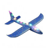 Blue-multicolor EPP foam galaxy hand throw flying LED glider airplane for kids aged 5+ years, features intricate galaxy pattern with illuminated lights