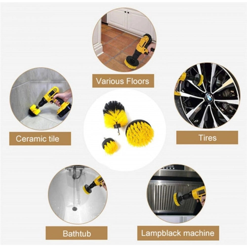Yellow-black polypropylene power drill scrub brush cleaning set (pack of 3) for DIY projects