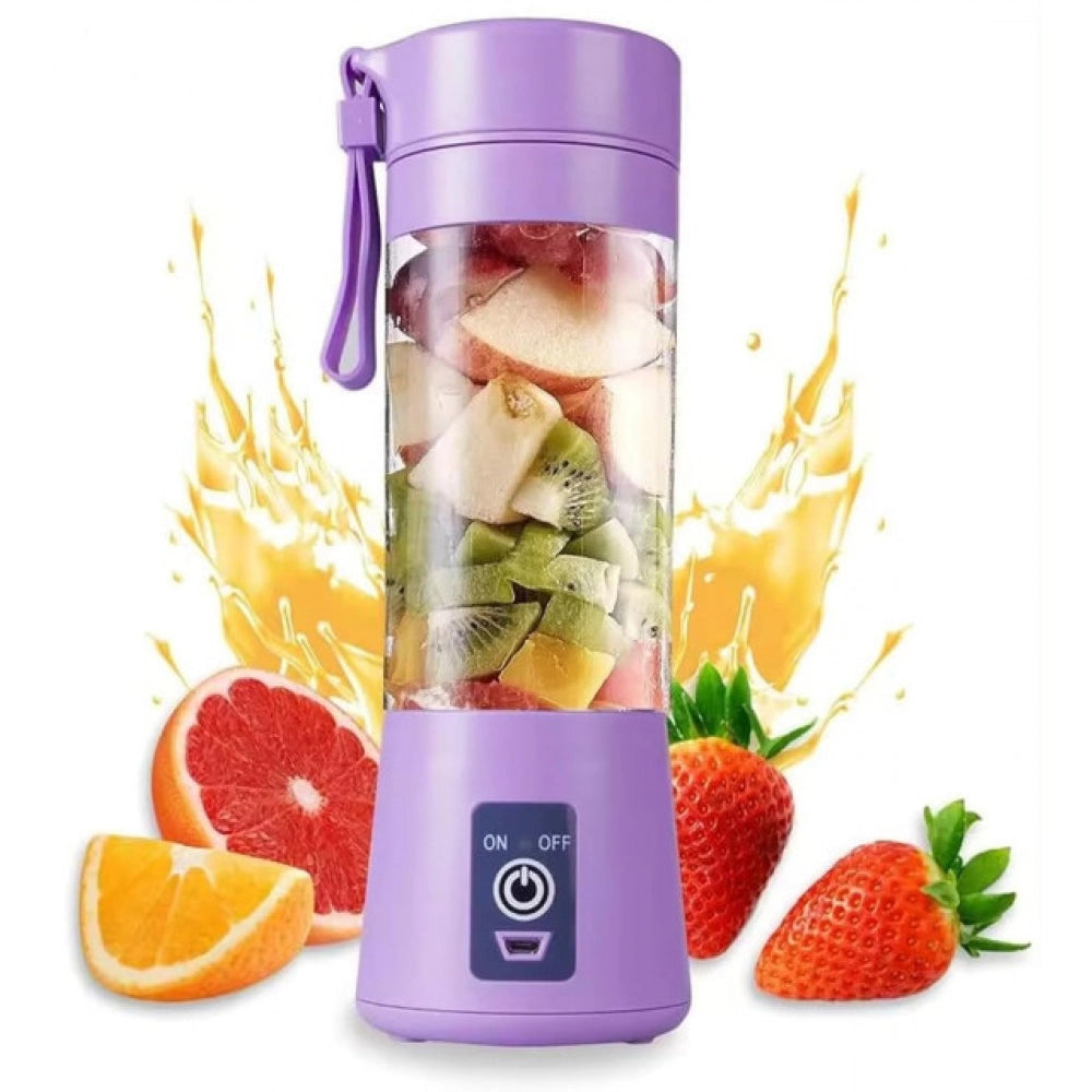Purple plastic solid electric USB juicer, rechargeable kitchen appliance on countertop