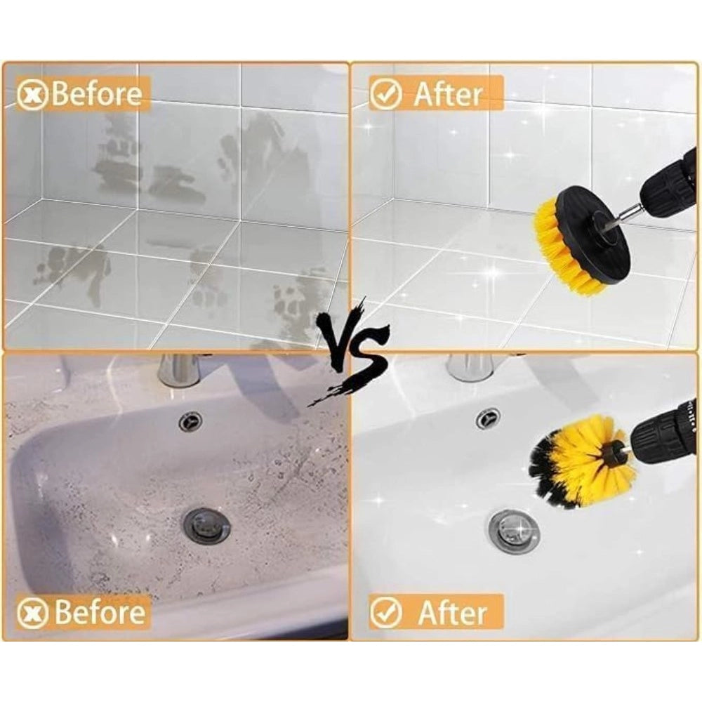 Yellow-Black plastic solid power drill scrub brush cleaning set, pack of 4 reusable tools for home improvement projects