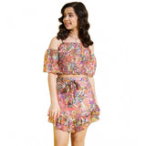 Peach-multicolor girl's polyester Lurex floral shoulder straps top & skirt set, vibrant floral patterns on display
