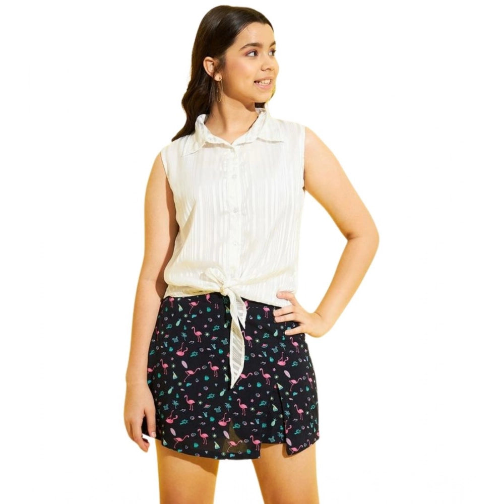 White-Navy Lurex printed sleeveless top set for girls, polyester and rayon fabric, above-knee length with shirt collar