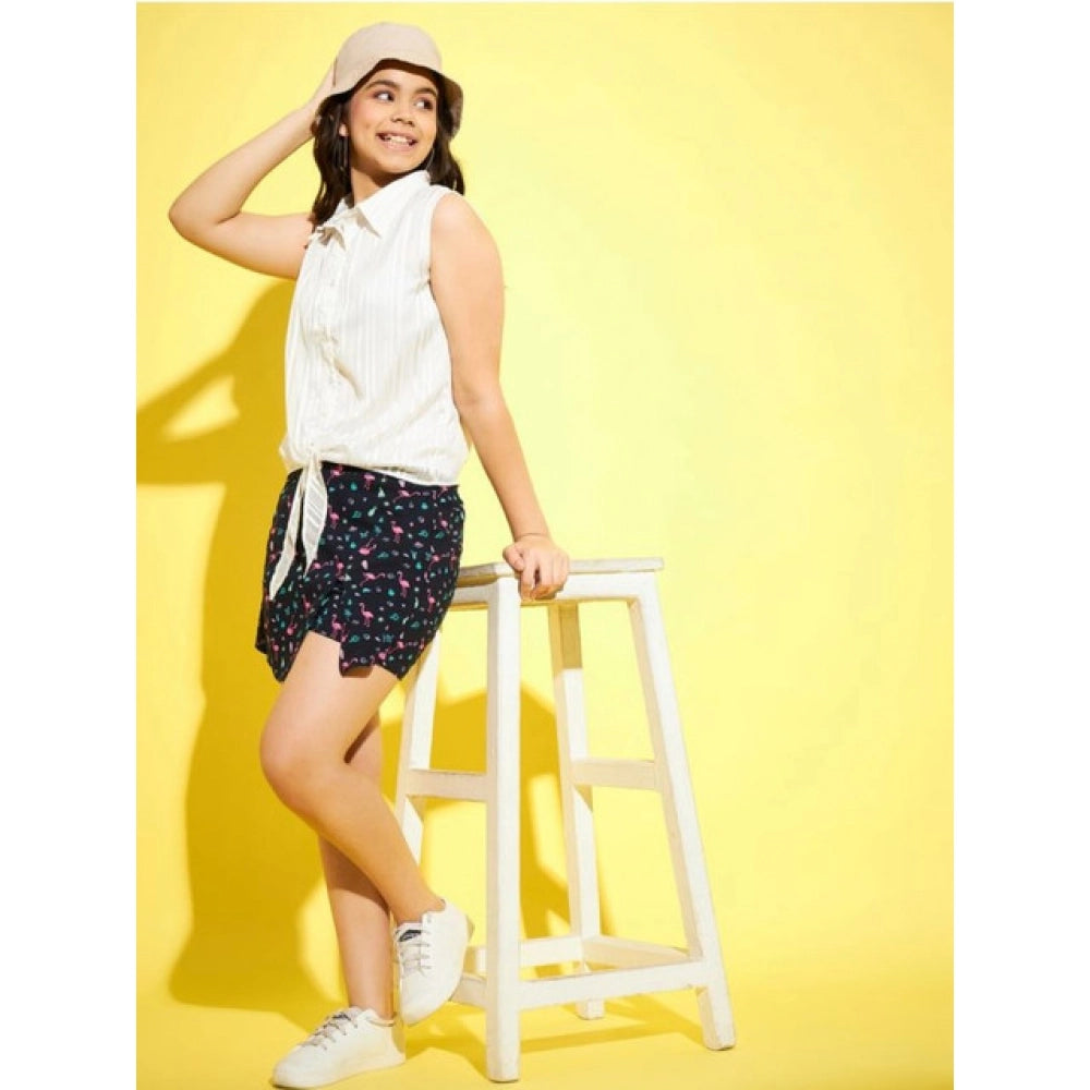 White-Navy polyester Lurex sleeveless top set with printed design, vibrant for summer fashion