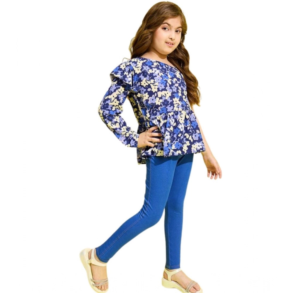 Blue floral one-shoulder poly-cotton jeggings set for girls, fashionable one-shoulder style