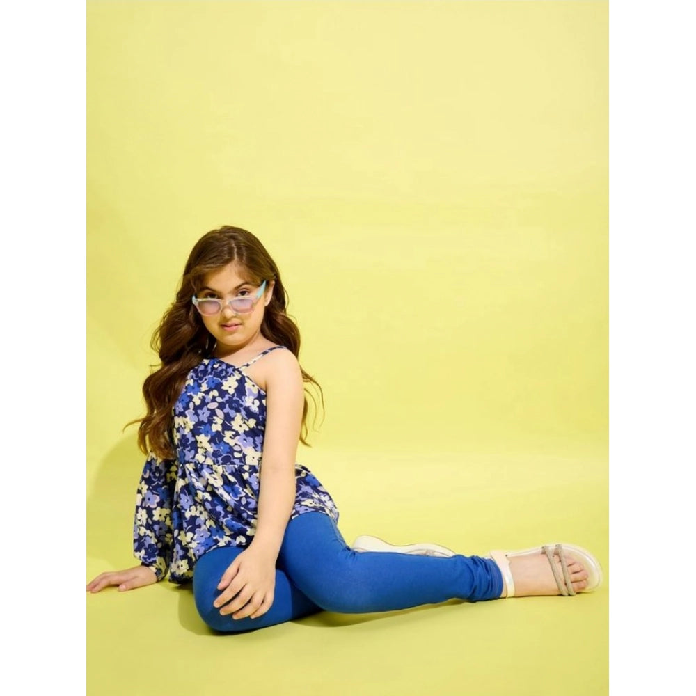 Blue polyester-cotton blend one shoulder floral jeggings set for girls, fashionable and comfortable casual wear