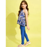 Blue polyester-cotton blend one shoulder floral jeggings set for girls, patterned and trendy