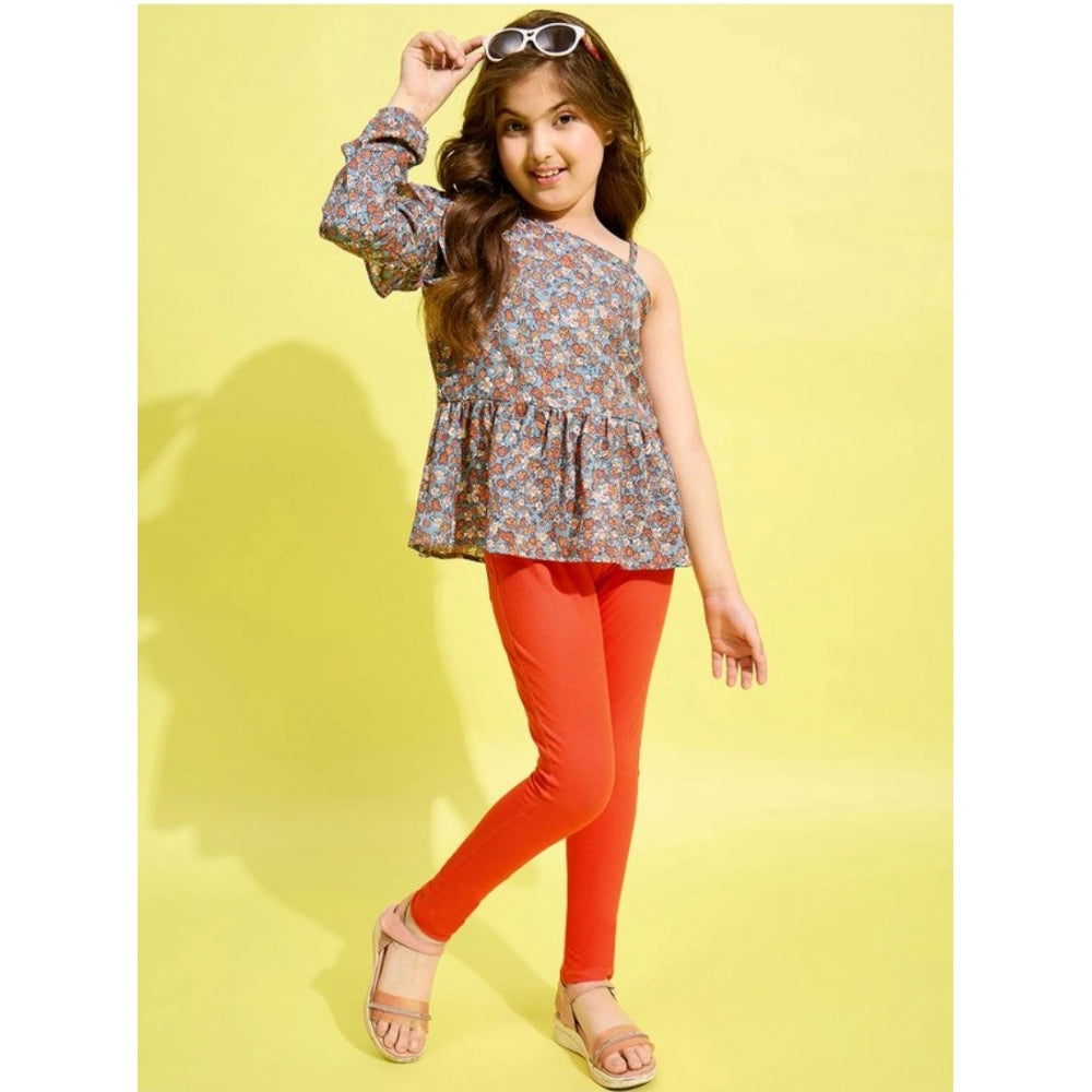 Grey-Orange polyester floral one shoulder jeggings set for girls, patterned, cotton-polyester blend