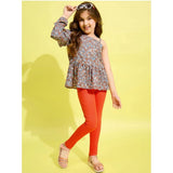 Grey-Orange polyester floral one shoulder jeggings set for girls, patterned, cotton-polyester blend