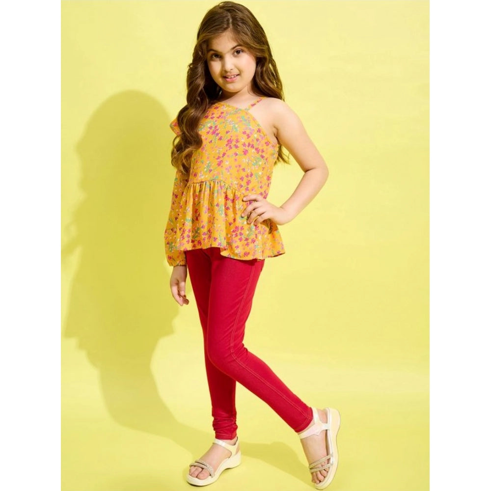 Yellow-Red floral one shoulder jeggings set, patterned polyester bottom with cotton-polyester blend top