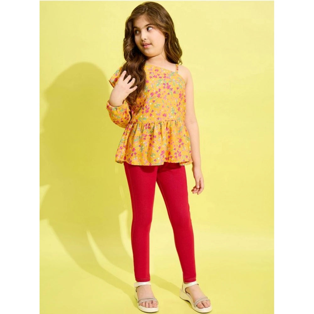 Yellow-Red polyester floral one shoulder jeggings set for girls, suitable for casual outfits