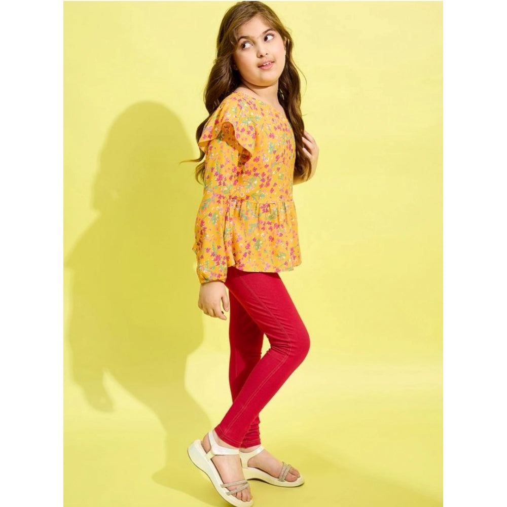 Yellow-Red polyester floral one shoulder jeggings set for girls with cotton polyester blend, ideal for casual outfits